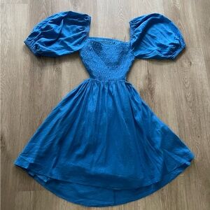 nia blue open back puff sleeve smoked open bacck mini summer sun dress small NEW